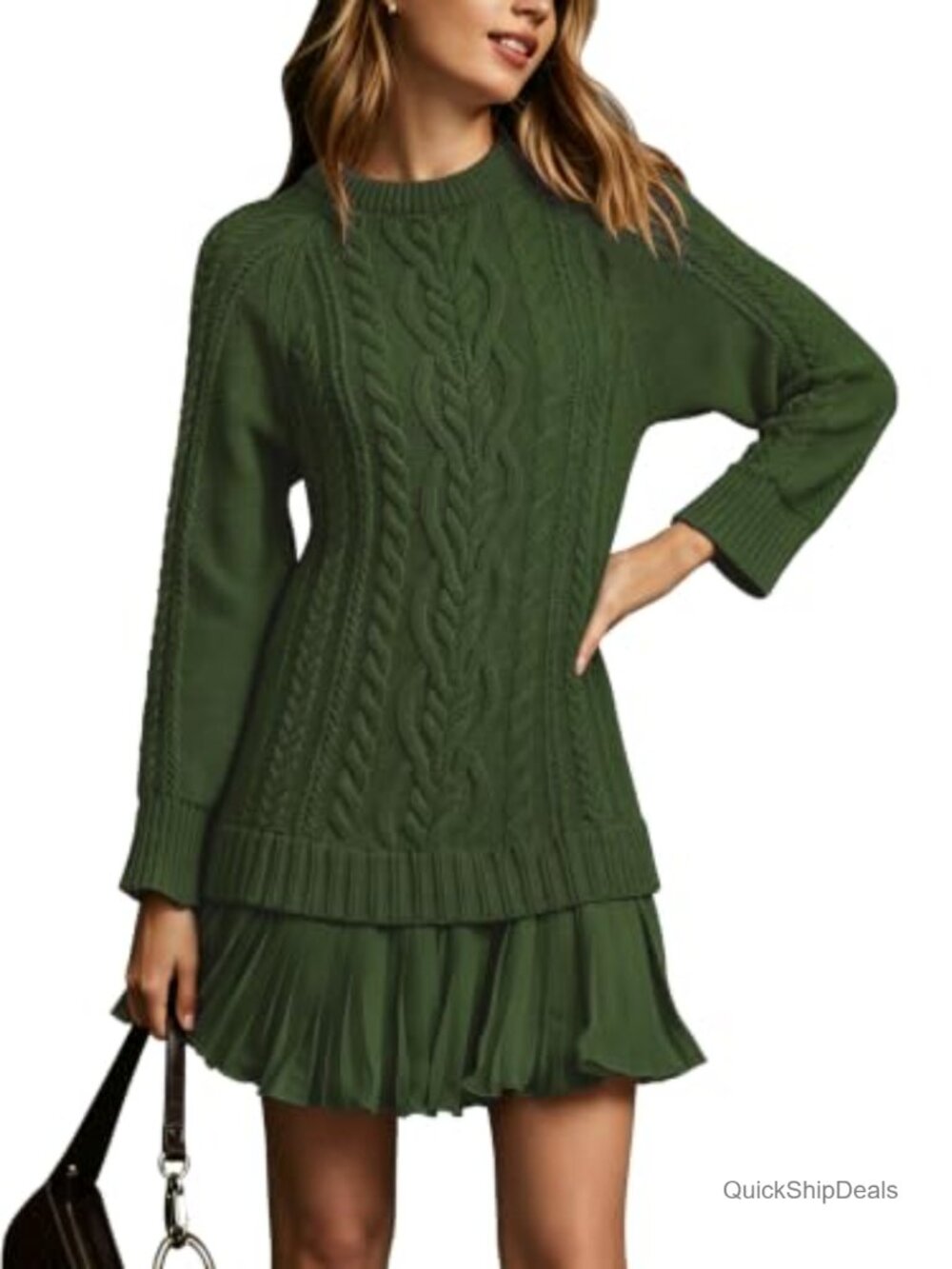 Cable Knit Long Sleeve Pleated Mini Sweater Dress Pull On A-Line